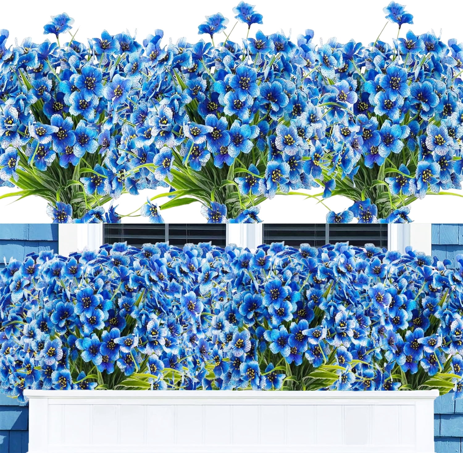 6 Bundles Artificial Silk Violet Flowers Realistic UV Resistant Outdoor Fake Plants for Indoor/Outside, Front Porch, Garden, Hanging Planter, Window Box Decoration (Blue)