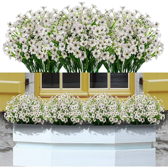 6 Bundles Artificial Violet Flowers Outdoors UV Resistant Fake Plastic Silk Flowers Faux Plants for Indoor Outside Porch Window Garden Decoration (White)