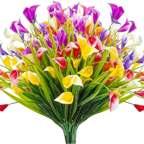 6 Bundles Calla Lily Artificial Flowers Outdoor Decorations, Fake Flowers No Fade UV-Resistant Faux Plastic Flower Indoor Outside Hanging Planter Home Kitchen Garden Porch Decor (Multi)