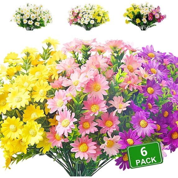 6 Bundles Daisies Artificial Flowers Fake Colorful Daisy Plant UV Resistant Greenery Shrubs Plants for Indoor Outdoor Hanging Planter Home Garden Wedding Porch Window Decor