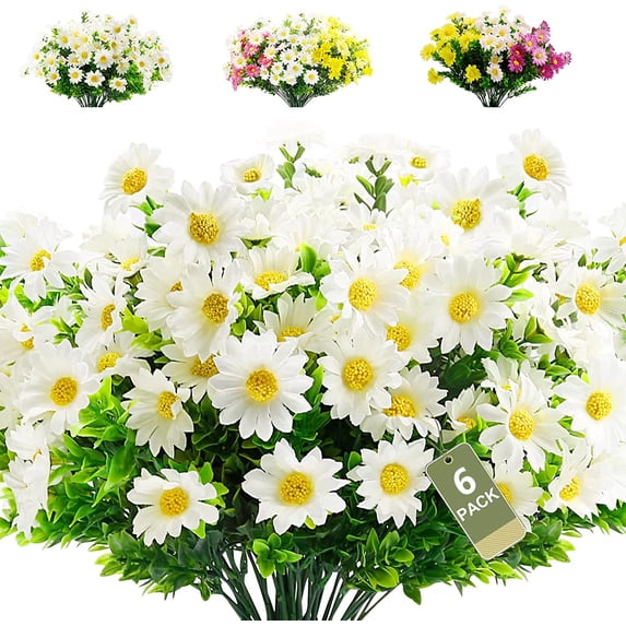 6 Bundles Daisies Artificial Flowers Fake Colorful Daisy Plant UV Resistant Greenery Shrubs Plants for Indoor Outdoor Hanging Planter Home Garden Wedding Porch Window Decor