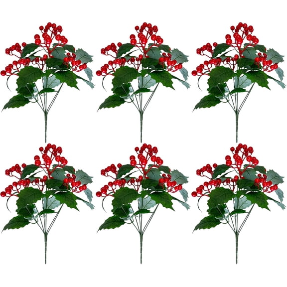 6 Bundles Fake Christmas Holly Red Berry Stems Plants, Faux Holly Berry Leaves Stems for Holiday Home Decor, Christmas Flowers Artificial for Decorations