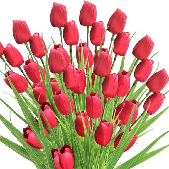 6 Bundles Faux Tulips,30 Heads Tulip Artificial Flowers,Fake Silk Flower Tulips,Plastic Spring Flowers,UV Resistant Greenery Shrubs Plants,for Home Garden Window Wedding Decor (Red)
