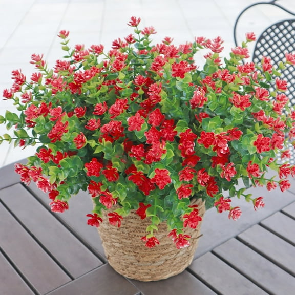6 Bundles Outdoor Artificial Flowers UV Resistant Fake Plants, Faux Greenery for Indoor Hanging Plants Garden Porch Window Box Home Wedding Farmhouse Decor (Red-Eucalyptus)