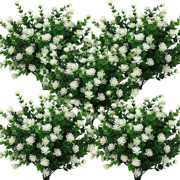6 Bundles Outdoor Artificial Flowers UV Resistant Faux Plastic Plants Outside Indoor Fake Hanging Greenery Shrubs Arrangement for Backyard Window Box Porch Home Patio Decoration (White-Eucalyptus)