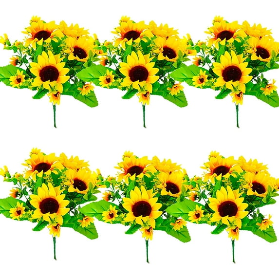 6 Bundles Sunflowers Artificial Flower Bulk Silk Fake Sunflower Bouquet with Stem 13 Faux Sunflower Realistic Heads for Vase Porch Outdoor Home Decoration