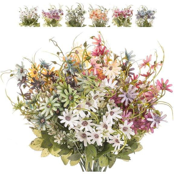 6Pcs Artificial Daisies Flowers Spring Fake Silk Wildflowers Decoration Summer UV Resistant Colorful Faux Greenery Outdoor Plant Stem Filler for Home Decor Indoor DIY Floral Arrangements (Mix Color)