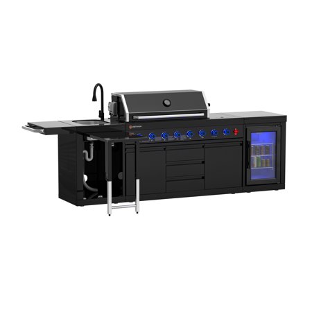 6 Burner 117,000 BTU Outdoor Kitchen Island with 68L Fridge & Sink, All SS304 Stainless Steel with Black Granite Top, Complete Patio Cooking Station