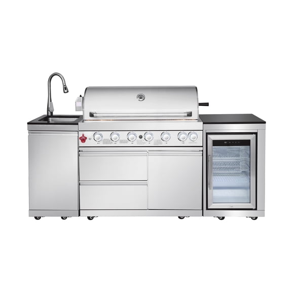 6-Burner 83500 BTU Deluxe Stainless Steel Gas Outdoor Kitchen Bar Barbecue Island Grill + Stainless steel Sink with Single Door Storage Cabinet + Wine Cooler Compact Refrigerator