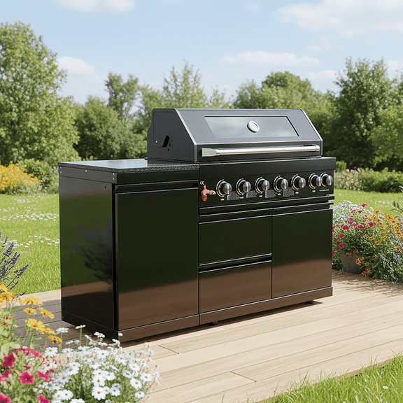 6-Burner 85000 BTU Deluxe Stainless Steel Propane Gas Outdoor Kitchen Bar Barbecue Island Grill + Marble Countertops