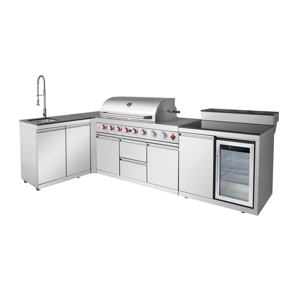 6-Burner 95500 BTU Deluxe Stainless Steel Gas Outdoor Kitchen Bar Barbecue Island Grill + sink with double-door storage cabinet bar counter + Refrigerator + Three-Tier Corner Cabinet