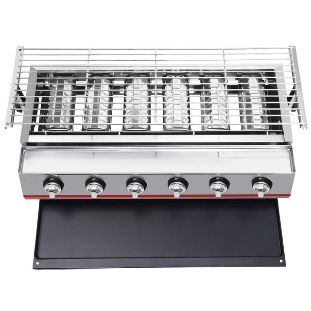 6-Burner BBQ Gas Grill Stainless Steel LPG Tabletop Camping Grill 31.5",Commercial Gas LPG Grill 2800PA Outdoor BBQ Tabletop Cooker 6 Burner