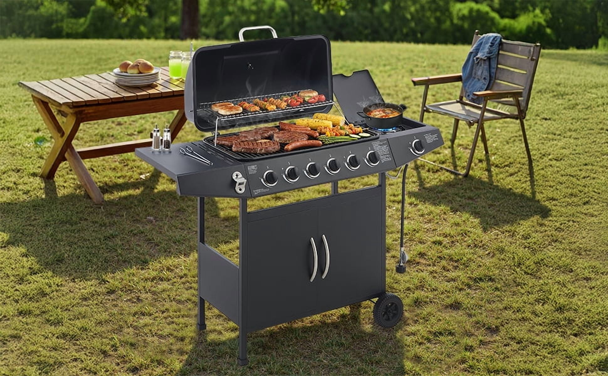 6 Burner BBQ Propane Gas Grill with Side Burner 59000 BTU Output Stainless Steel Barbecue Grill with Enamel-Coated Grates and Side Tables for Outdoor Cooking Kitchen and Patio Backyard.