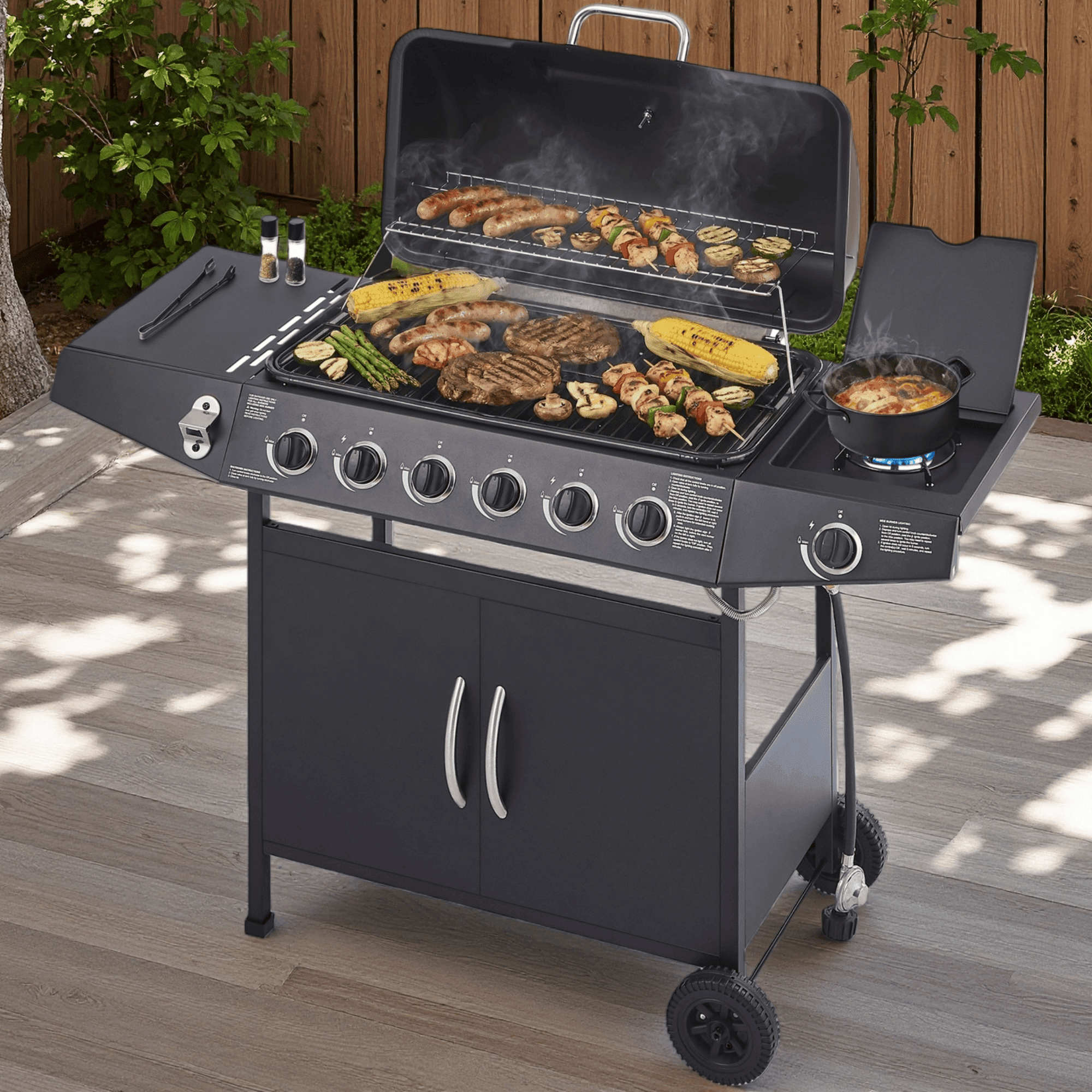 6 Burner BBQ Propane Gas Grill with Side Burner, 59000 BTU Stainless Steel Outdoor Grill, 576 sq in Cooking Area with Enamel Grates & Side Tables, Black