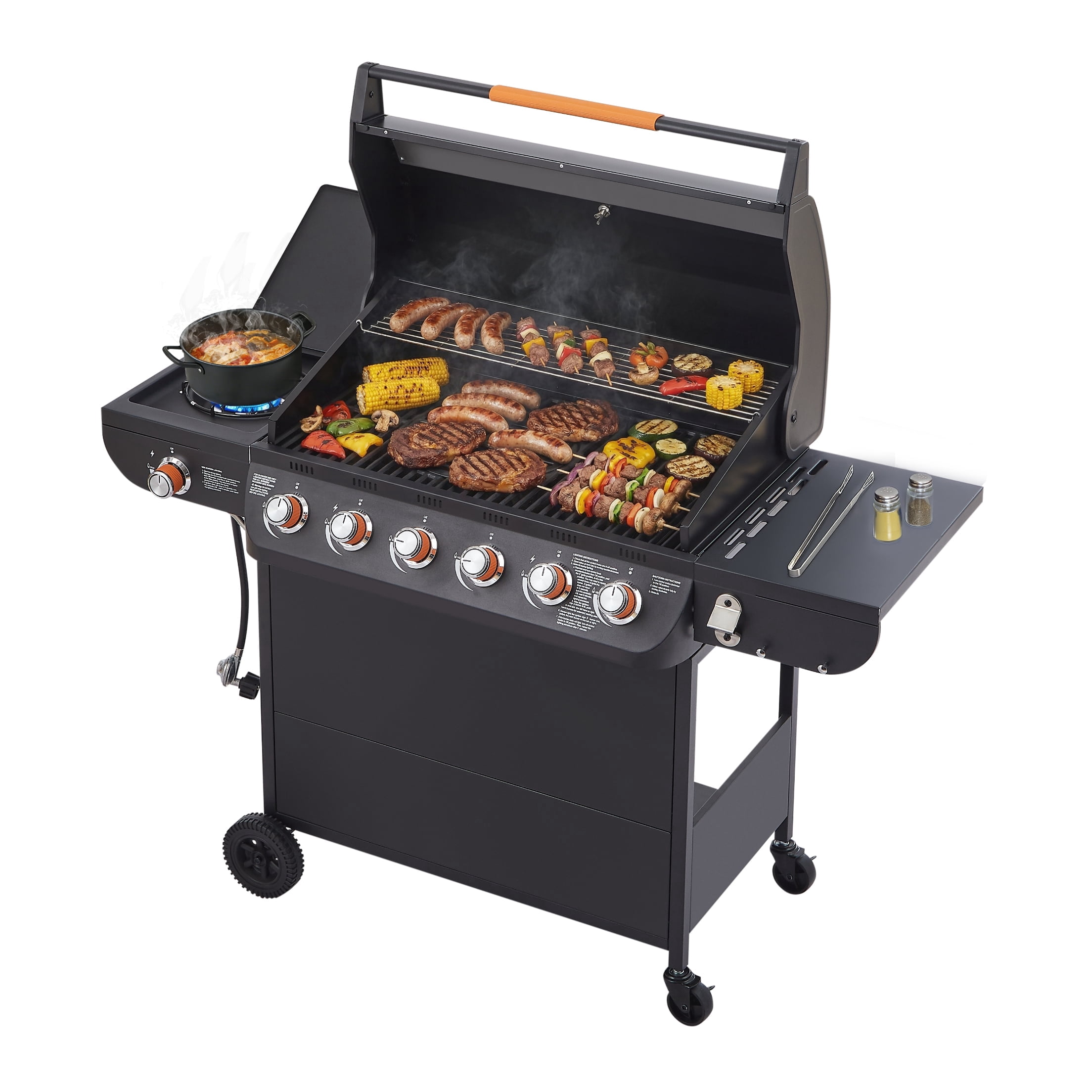 6 Burner BBQ Propane Gas Grill with Side Burner 72000 BTU Output Stainless Steel Barbecue Grill with Cast Iron Grates and Side Tables for Outdoor Cooking Kitchen and Patio Backyard