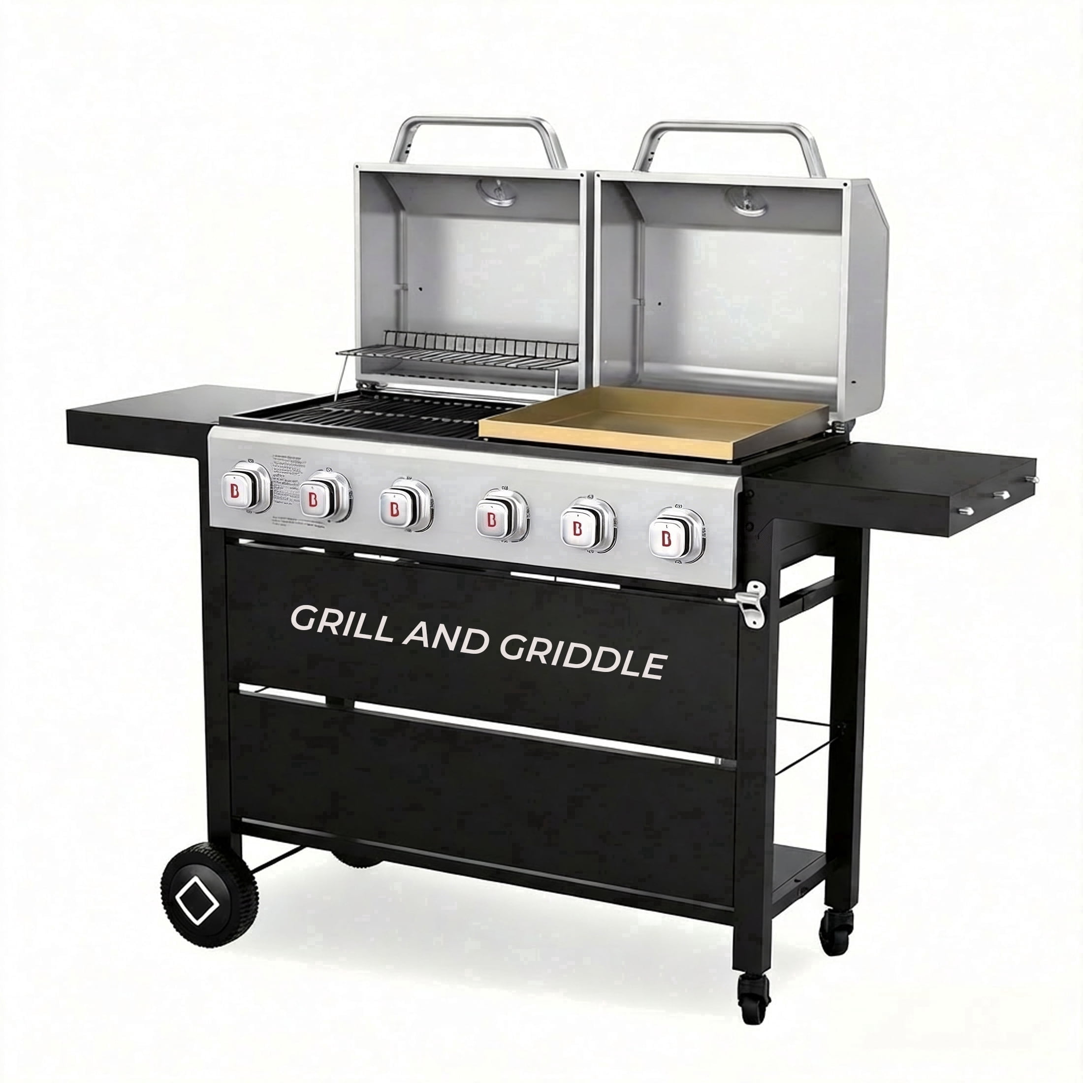 6-Burner Propane Gas Grill Griddle Combo, 2-in-1 Dual Outdoor BBQ with Porcelain-Enameled Cast Iron Grates & Cast Iron Griddle, Stainless Steel Lids for Backyard Cooking