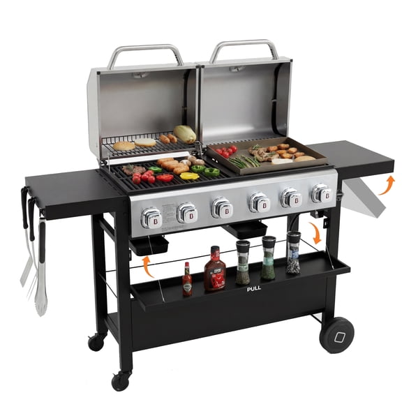 6-Burner Propane Gas Grill Griddle Combo, 2-in-1 Dual Outdoor BBQ with Porcelain-Enameled Cast Iron Grates & Cast Iron Griddle, Stainless Steel Lids for Backyard Cooking