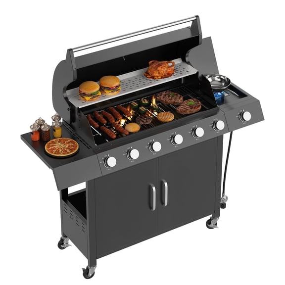 6 Burner Propane Gas Grill, Stainless Steel Main & Side Burner, Cast Iron Grates, Built-in Tank Cabinet, Heavy-Duty Porcelain Lid, Large Warming Rack, Backyard Patio BBQ Grill for Family Gatherings​