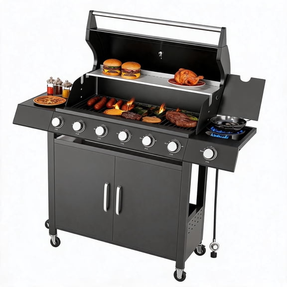 6 Burner Propane Gas Grill with Side Burner, 60,000 BTU Stainless Steel BBQ Grill with Wheels