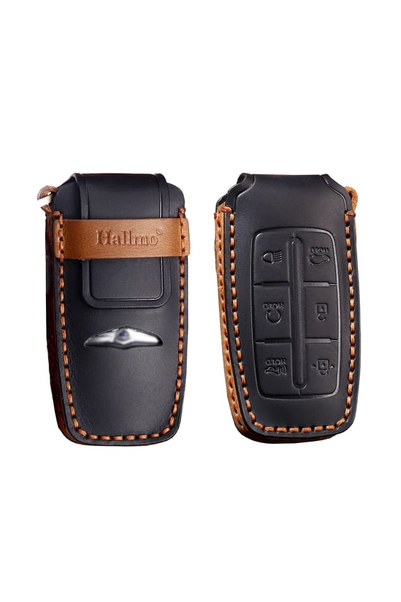 6 Button Leather Key Fob Cover for Genesis GV80 2021 2022 G80 Keyless Entry Full Protection Remote Smart Key Case Shell with Keychains