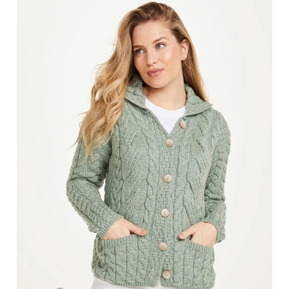 Aran Woollen Mills Women's Cable Stitch Cardigan Sweater, Ocean Mist, Medium