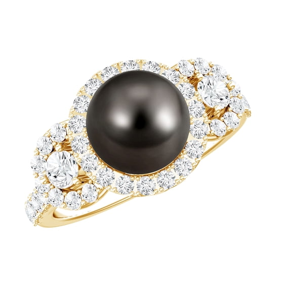 Rosec Jewels Tahitian Pearl Engagement Ring with Moissanite - Black Pearl Ring - 7.5 Carat - AAA Quality - with Jewelry Box, 10K Yellow Gold, US 6.50
