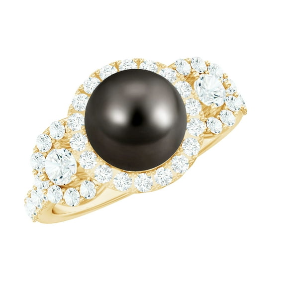 Rosec Jewels Tahitian Pearl Engagement Ring with Moissanite - 8 Carat - Black Pearl Ring - AAA Quality - with Jewelry Box, 18K Yellow Gold, US 7.00