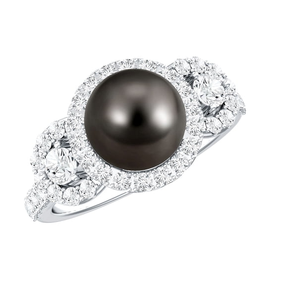Rosec Jewels Tahitian Pearl Engagement Ring with Moissanite - Black Pearl Ring - 7.5 Carat - AAA Quality - with Jewelry Box, 925 Sterling Silver, US 4.00