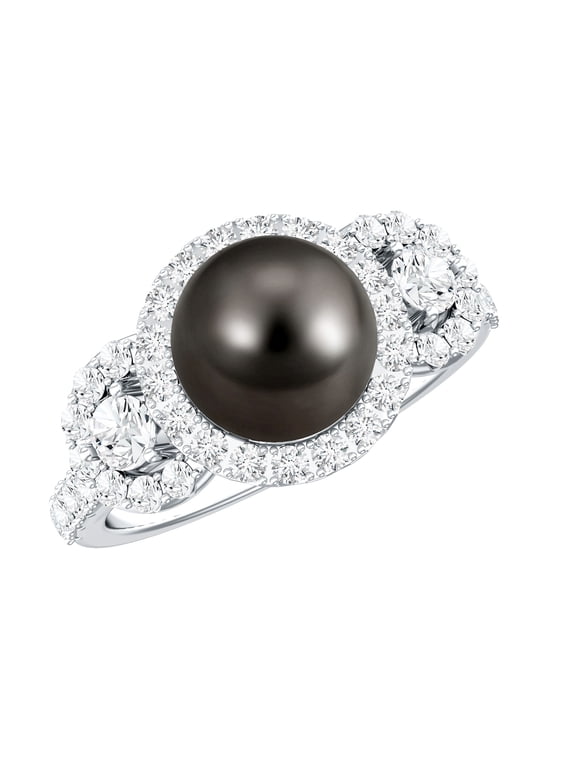 Tahitian Pearl Engagement Ring with Moissanite - Black Pearl Ring - 7.5 Carat - AAA Quality - with Jewelry Box, 925 Sterling Silver, US 4.00
