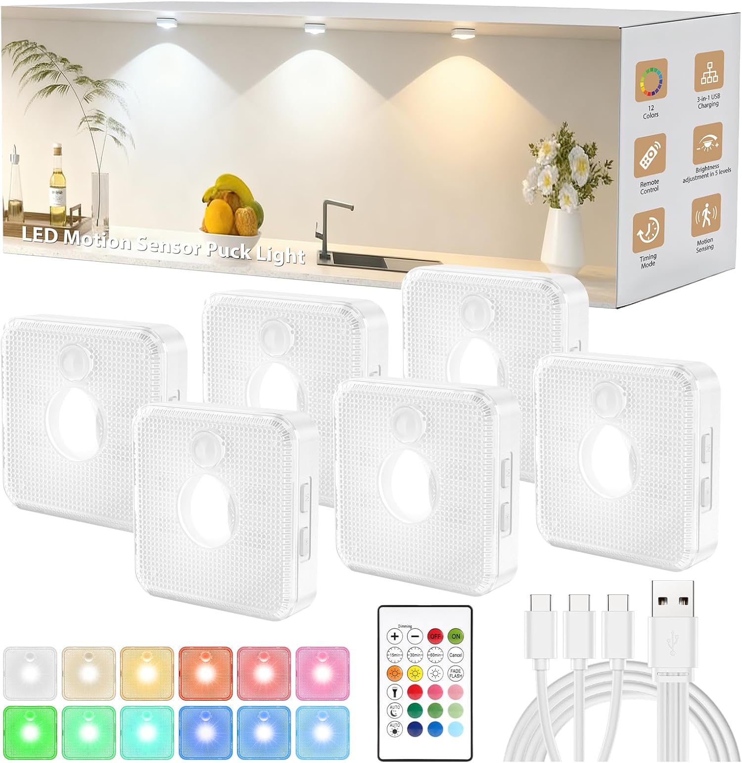 6 Under Cabinet Lighting, Puck Lights with Remote,Motion Sensor Light ...