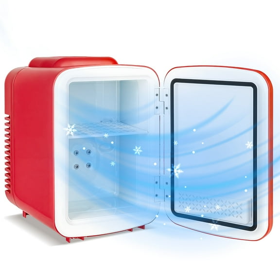 "6-Can Mini Fridge - 1.06gal Portable Cooler & Warmer for Bedroom, Travel - Compact Storage for Food, Cosmetics - Light Beige/Black/Pink"