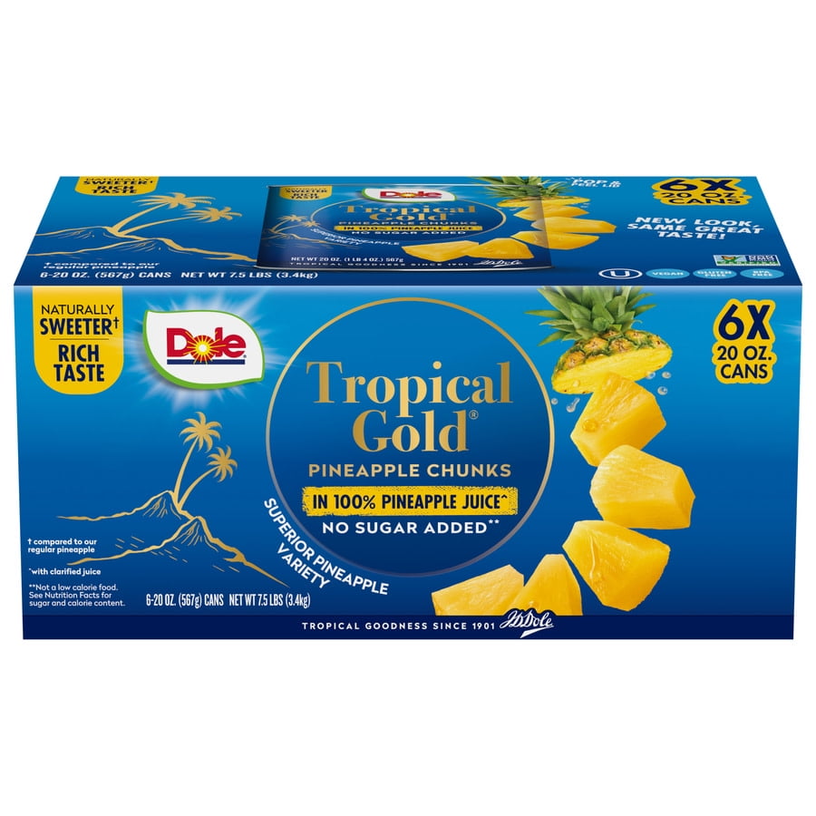 (6 Cans) Dole Gold Pineapple Chunks in 100% Pineapple Juice, 20 oz Can