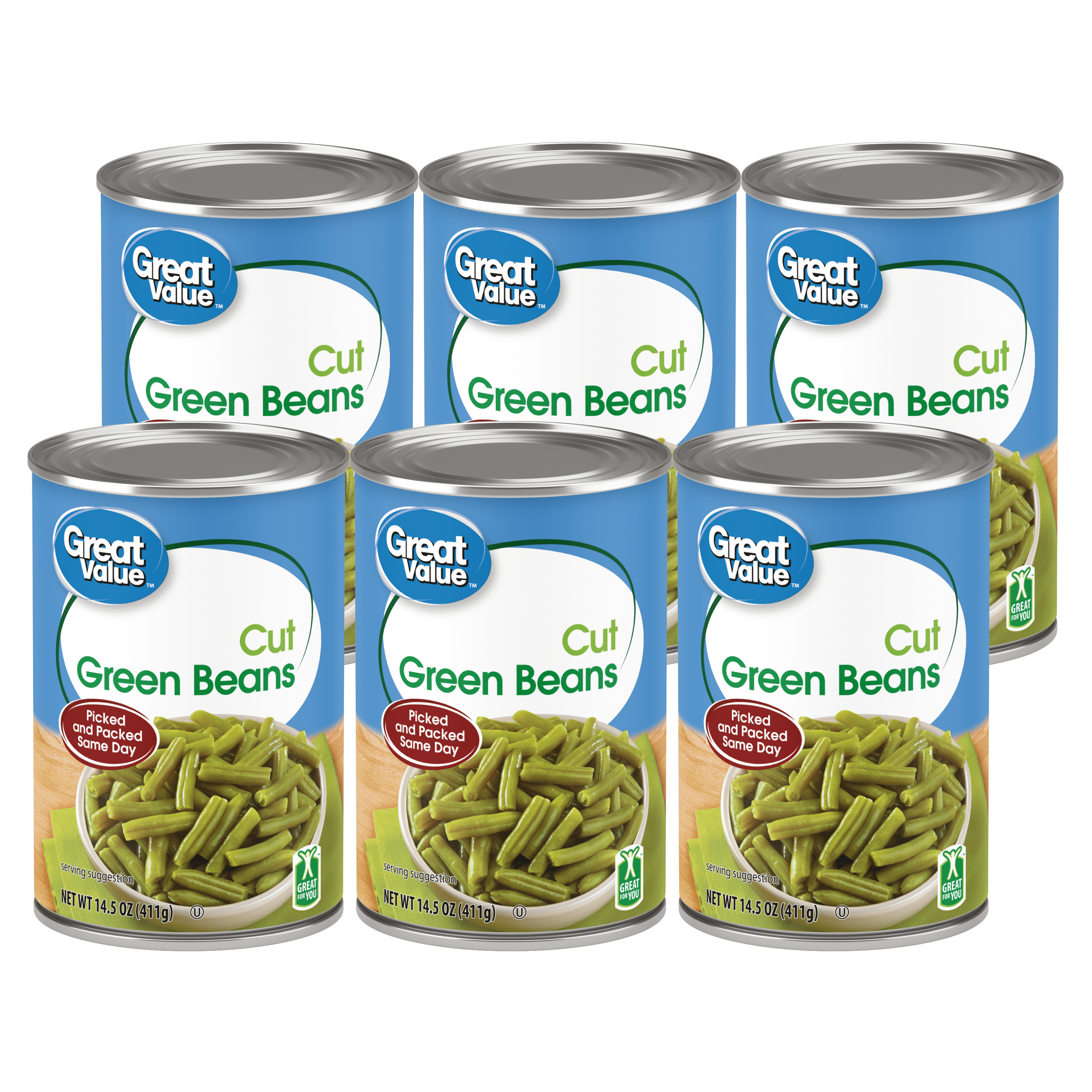 (6 Cans) Great Value Canned Cut Green Beans, 14.5 oz