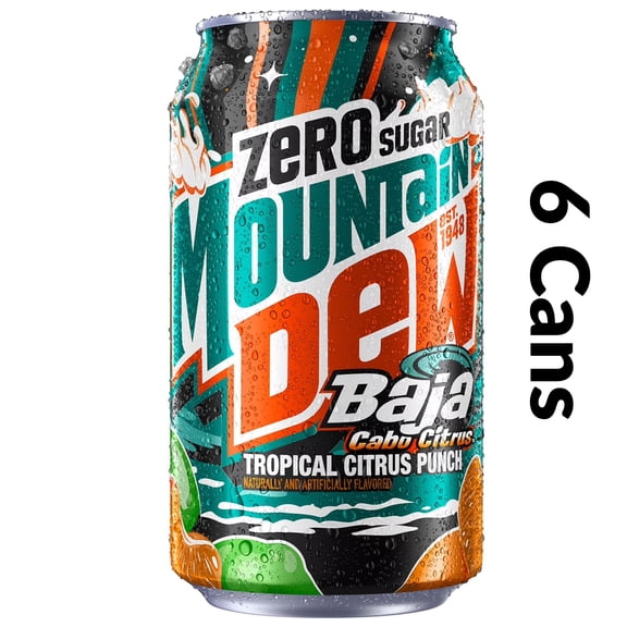 6 Cans Mountain Dew Zero Sugar Baja Blast Cabo Citrus Soda, 12 fl oz Cans,