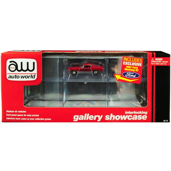 6 Car Interlocking Acrylic Display Show Case with 1967 Ford Mustang GT Red for 1/64 Scale Model Cars by Auto World