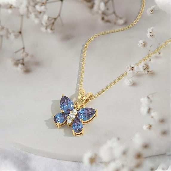 6 Carat 925 Sterling Silver Butterfly Alexandrite Pendant Necklace for Women in Size 16+2 Inch Cable Chain with Lobster Clasp | Natural Birthstone Jewelry Gift for He