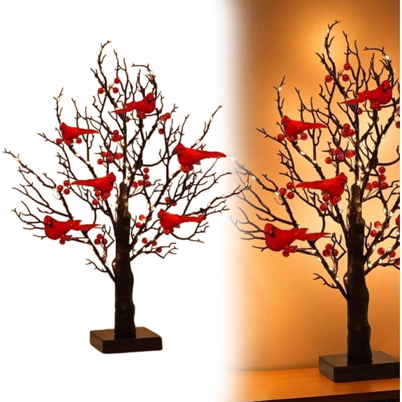 [6 Cardinals] LED Vintage Glowing Tree with Cardinals  Lighted Cardinal Tree Lamp, Tabletop Centerpiece Holiday Decoration, Christmas Indoor Dcor Gift with Warm Glow (Red)
