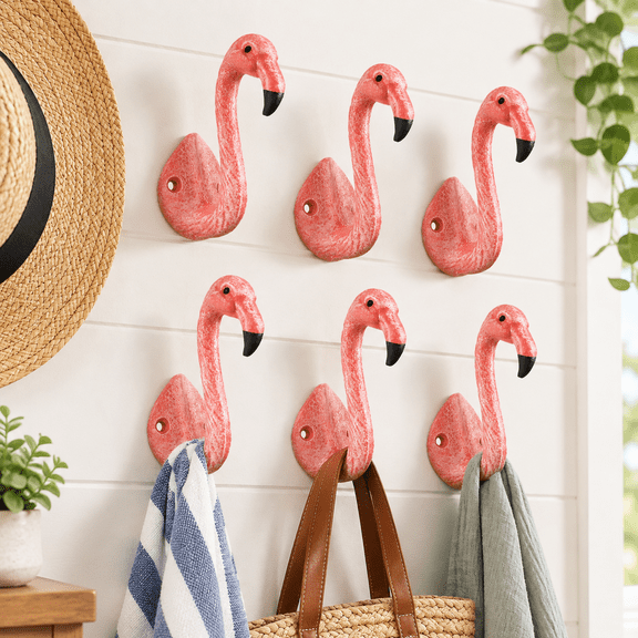 6 Cast Iron Flamingo Wall Hooks Mount Coat