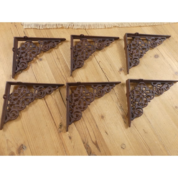 6 Cast Iron Shelf Brackets New Old Style Rustic 7.75" x 6.25" Corbels Book Wall