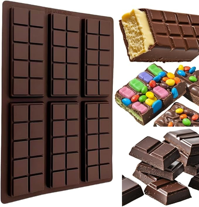 6 Cavities Chocolate Bar Mold Deep with Bags Scraper, Thick Chocolate Bar Mold for Stuffed Bar, Silicone Chocolate Mold for Filling Knafeh Pistachio Chocolate Bar(10 Snap)