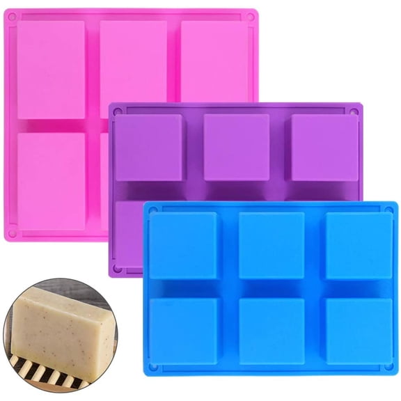 6 Cavities Silicone Soap Mold (3 Pack), Baking Mold Cake Pan, Biscuit Chocolate Candy Molds Ice Cube Trays Handmade DIY - Pink, Blue, Purple (1 Rectangle & 2 Square)