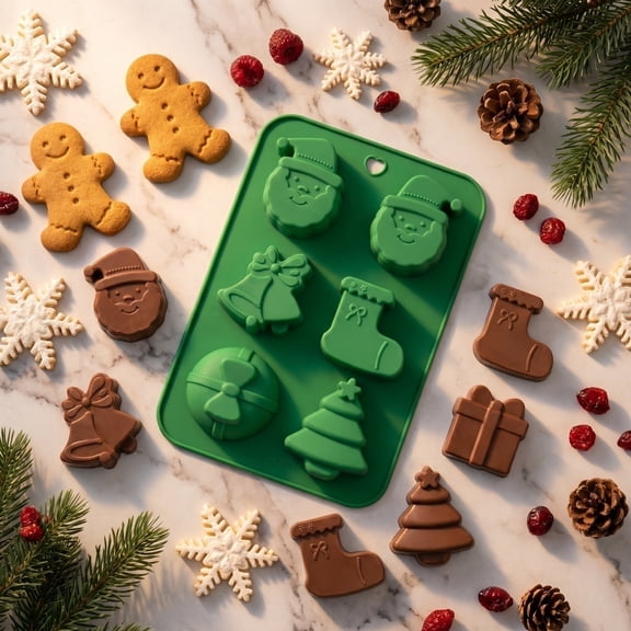 6 Cavity Christmas Silicone Chocolate Mold – Santa Tree Stocking Bell Gift Box Silicone Molds for Chocolate – Non-Stick Silicone Cookie Mold, Holiday Baking Mold for Candy Jelly Soap Wax