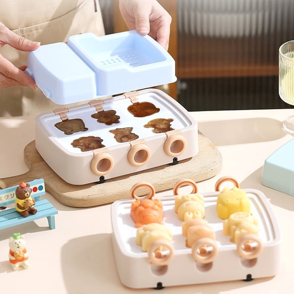 6 Cavity Cute Cartoon Animal Shape Ice Pop Molds, BPA-Free Silicone Popsicle Maker with Handles, Leak-Proof Lid for Homemade Treats