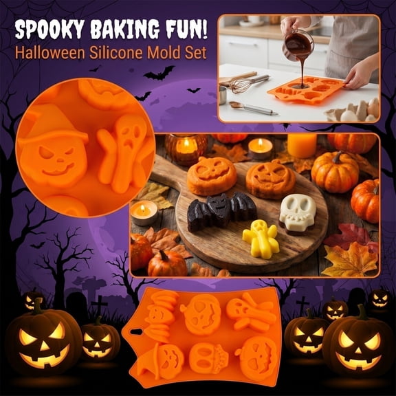 6-Cavity Halloween Ghost Pumpkin Skeleton Bat Silicone Mould, Food Grade Baking Mold for Cupcake Chocolate, Multi-Use Casting Mold for Epoxy Resin Plaster Soap Halloween Decoration Crafts