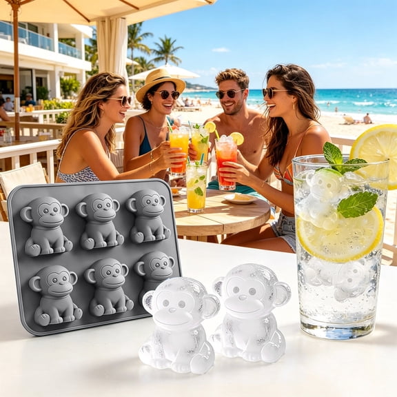 6-Cavity Monkey Shaped Silicone Ice Cube Tray, 3D Animal Ice Mold Non-Stick Easy Release, Reusable Dessert Mold for Drinks, Fun Kitchen Gadget Gift for Animal Lovers