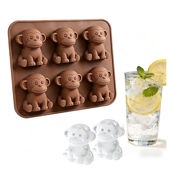6-Cavity Monkey Shaped Silicone Ice Cube Tray, Non-Stick Easy Release Animal Ice Mold, Reusable Fun Dessert Mold for Beverage Kitchen Bar Party