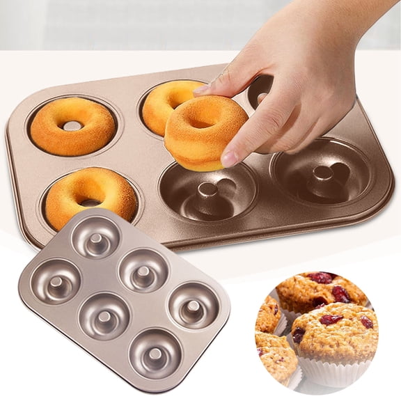 6 Cavity Non Stick Donut Baking Pan Carbon Steel Doughnut Tray Easy Release Donut Mold For Homemade Bagels(Beige-27Cm)
