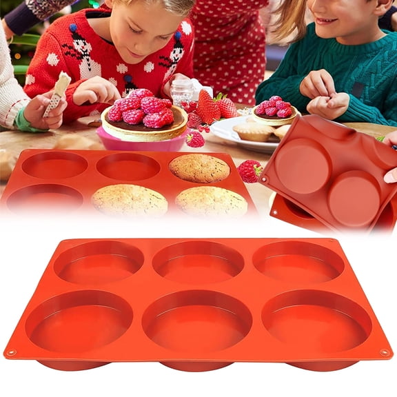 6 Cavity Round Silicone Baking Mold, Non-Stick Silicone Bakeware Tray, Reusable Oven Safe Baking Pan, Kitchen Baking Accessory for Cloud Bread, Buns, Cookies and Homemade Dessert Making 1Pcs