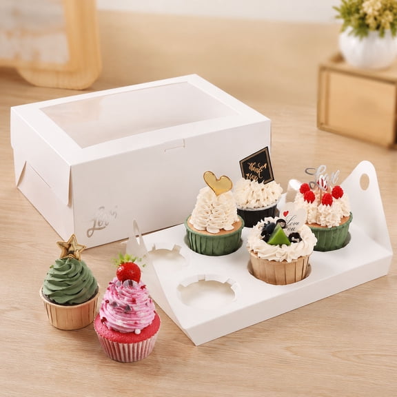 6-Cavity White Cupcake Boxes with Top Window, 10x6.8x4 Inch Removable 2.5in Inserts, Foldable Bakery Containers for Gender Reveal, Graduation and Party Favors