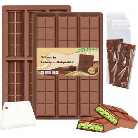 6 Cell Deep Dubai Chocolate Bar Molds Silicone Thick Chocolate High Temperature Candy Bar Mold Deep with 100pcs Storage Bags